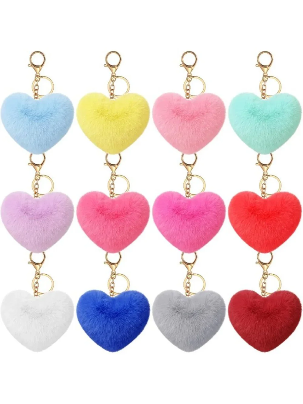 12 Pcs Heart Pom Keychains - Colorful Faux Fur Gifts for Mom & Women, Bulk Set